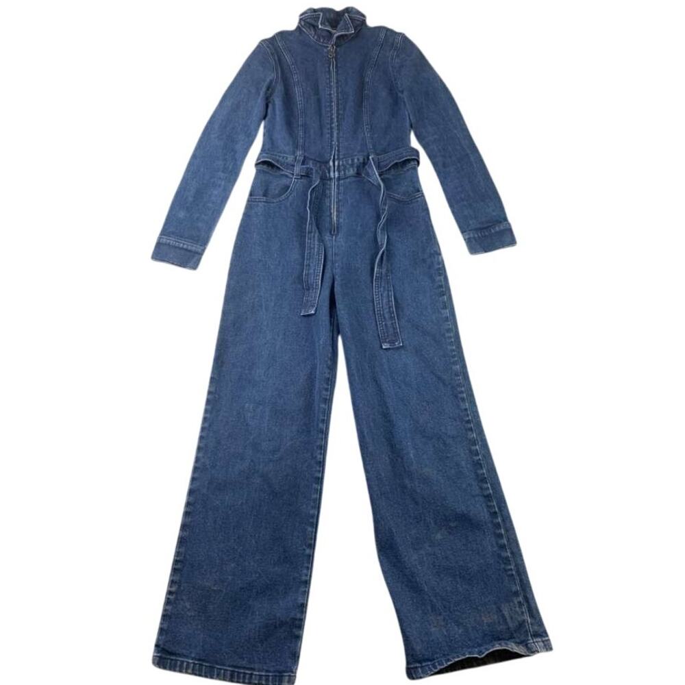 American Apparel Denim Jumpsuit Women S Blue Zip Front‎ Long Sleeve Wide Leg